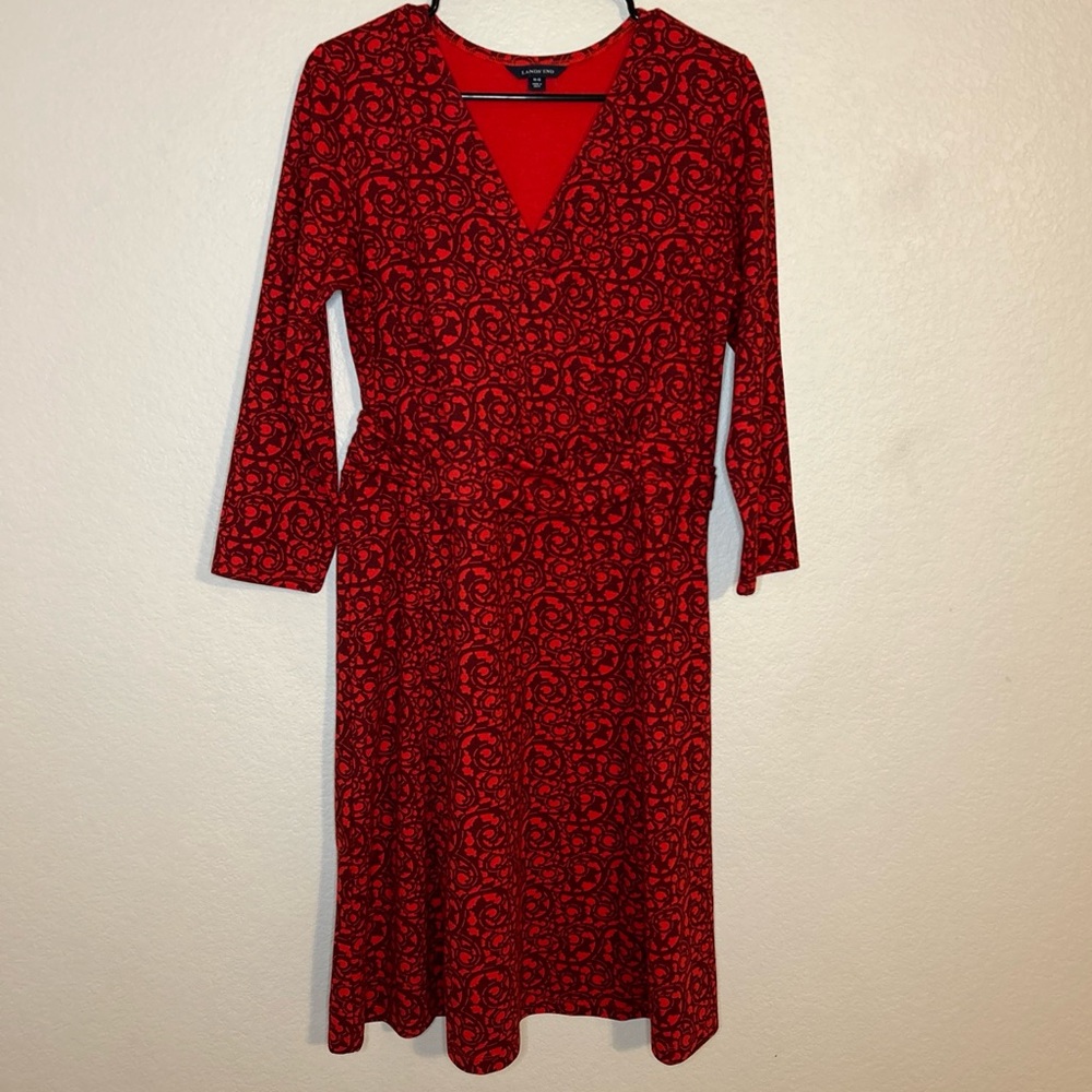 Land's End Red Cherry Print Midi Fit & Flare Dress V-neck 3/4 Sleeve Size 10-12